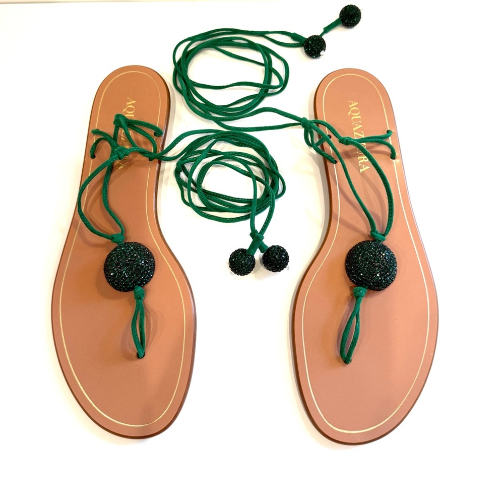 Aquazzura Flat Green Suede & Crystal Lace-Up Sandals